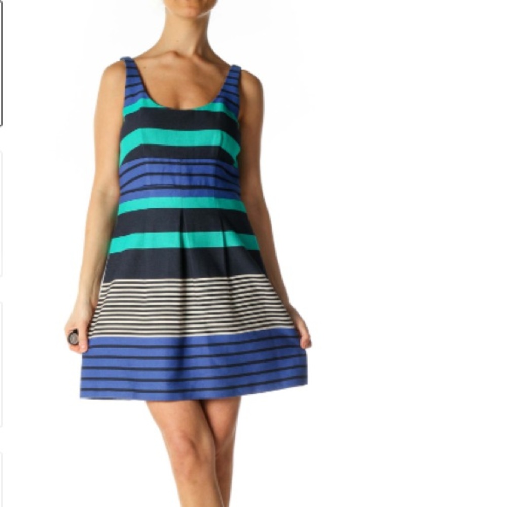 Ann Taylor loft striped fit and flare blue dress
